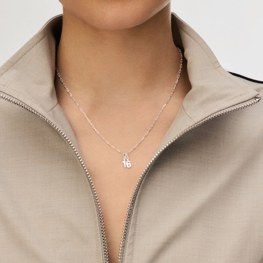 Silver Number Charms on a Clip chain on model