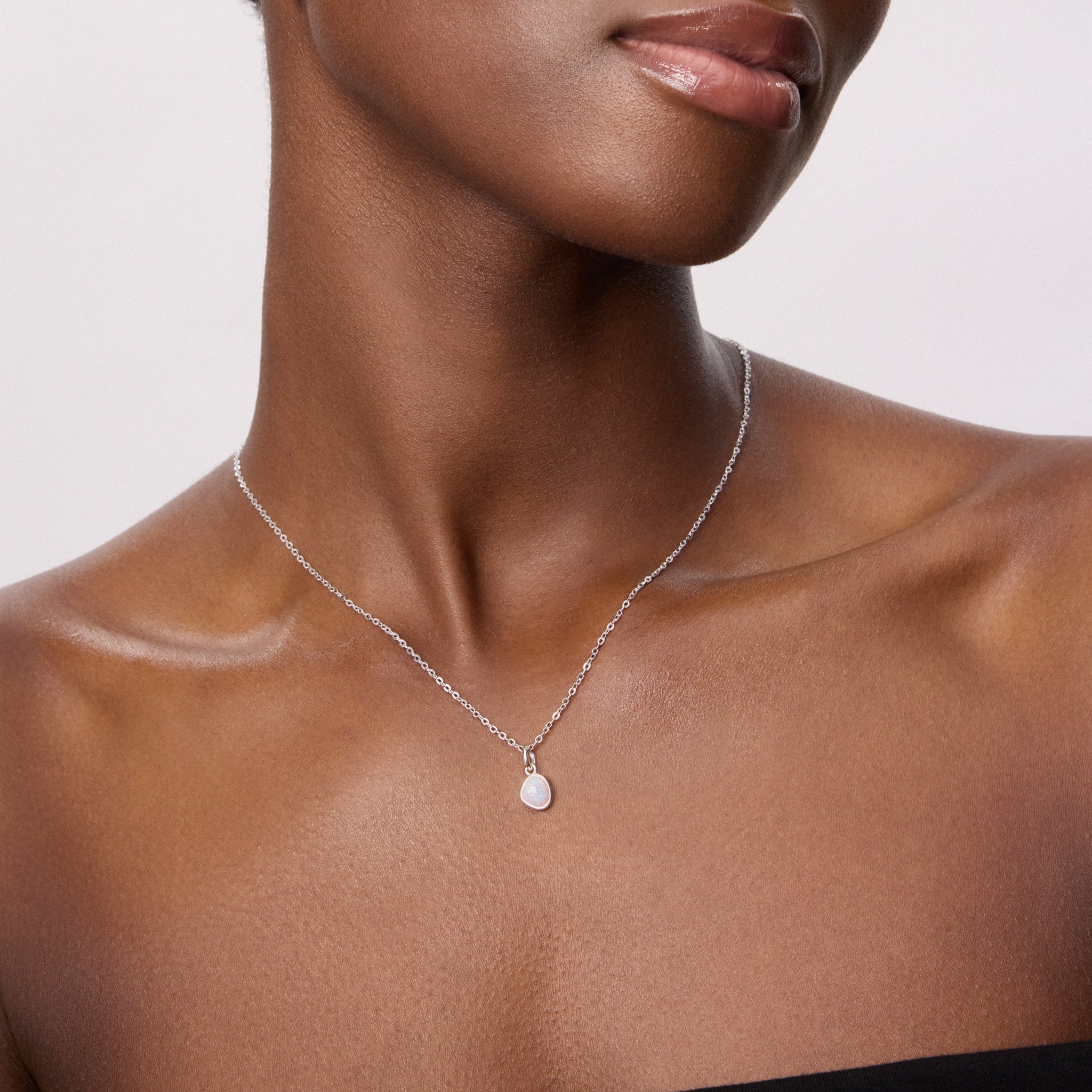 Silver Opal Charm Necklace on model