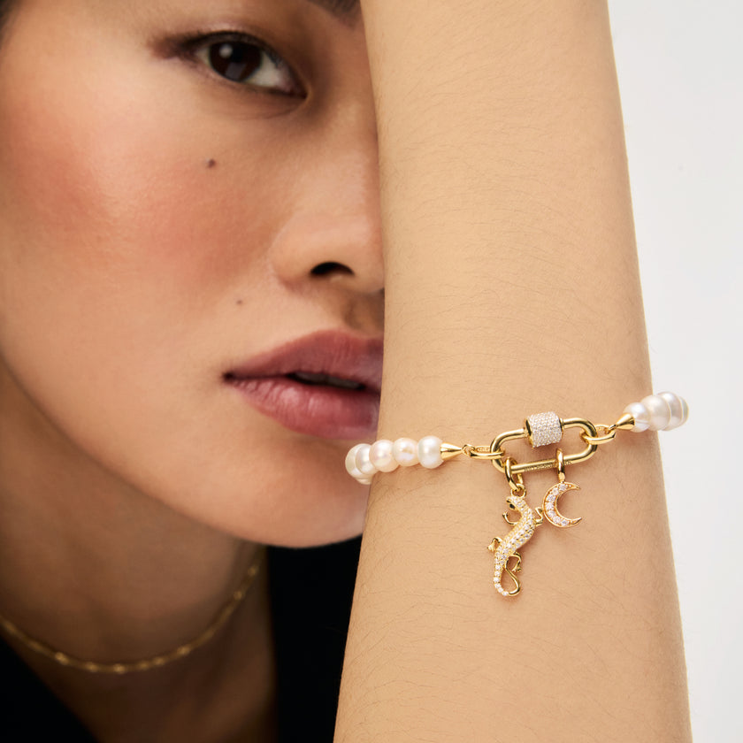 Lizard Charm on Pearl Charm Bracelet Base on model