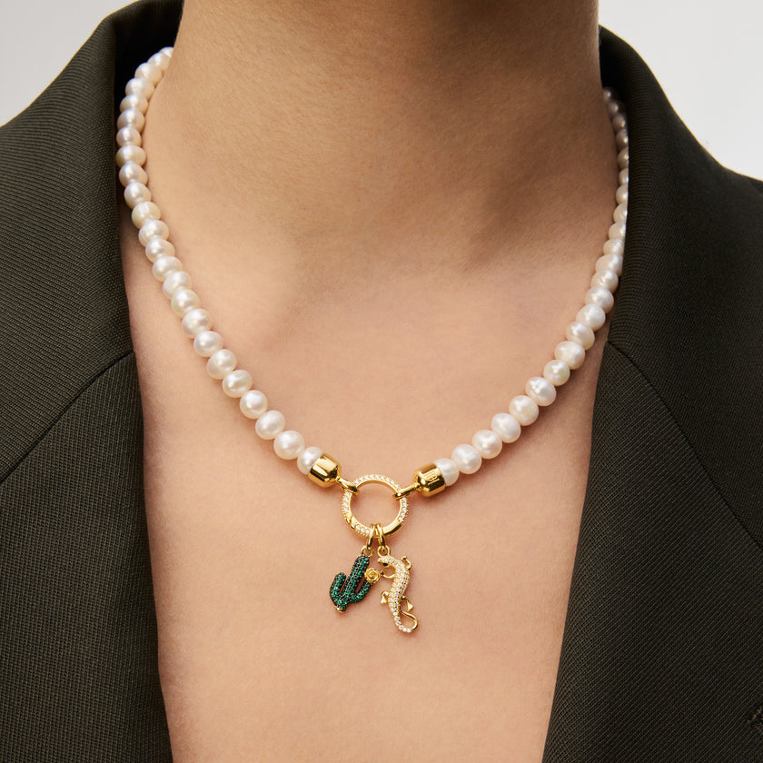 Cactus Charm on Pearl Charm Necklace Base on model
