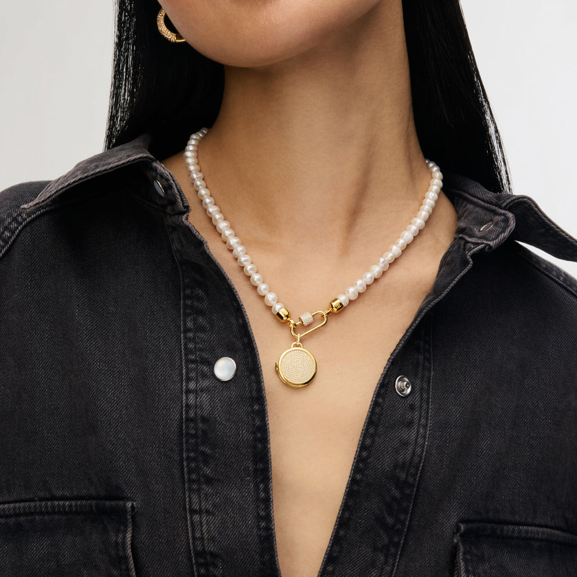 Pearl Charm Necklace Base with Keepsake Locket on model