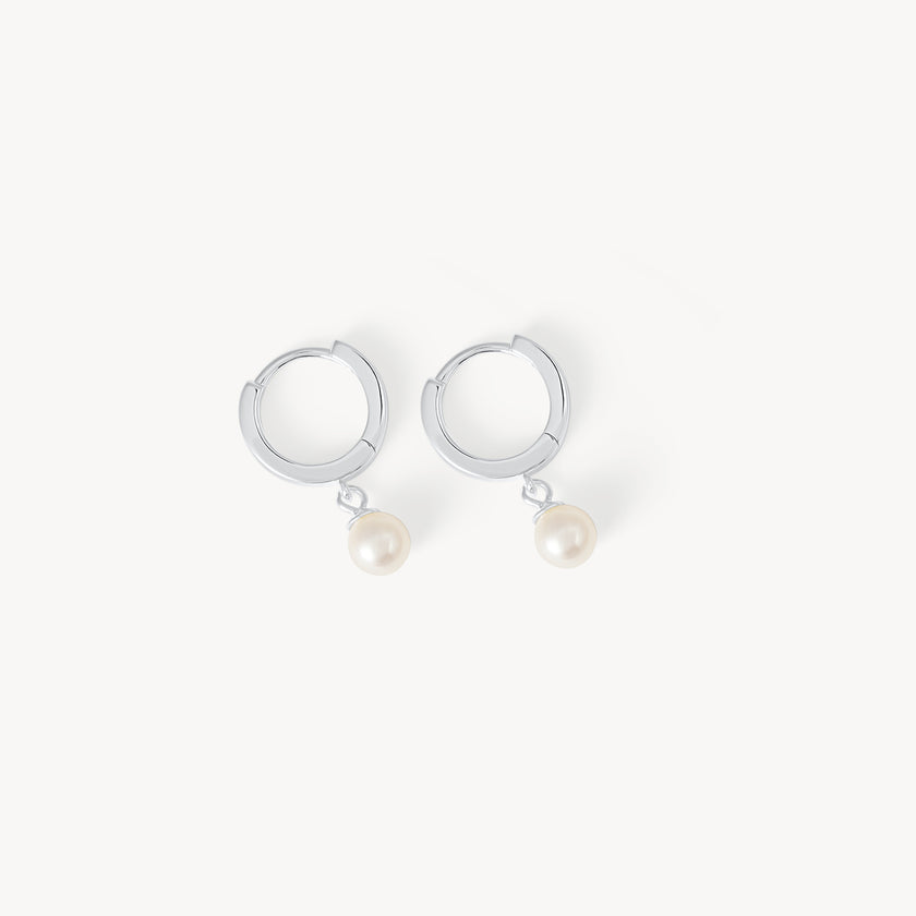 Silver Pearl Drop Hoops
