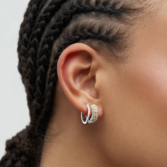 Skye & Chartreuse Sparkle Reversible Hoops — Small on model