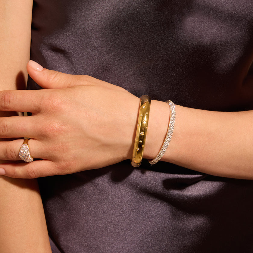 Champagne Starburst Sparkle Reversible Cuff Bracelet on model