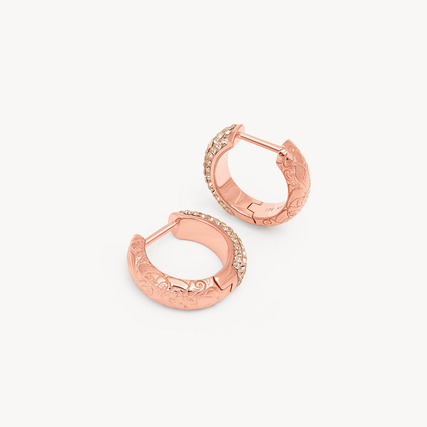 Rose Gold Etched Floral Sparkle Reversible Hoop Earrings