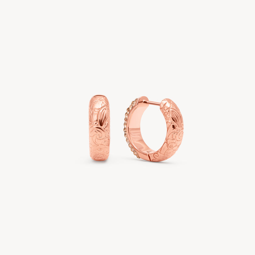 Rose Gold Etched Floral Sparkle Reversible Hoop Earrings