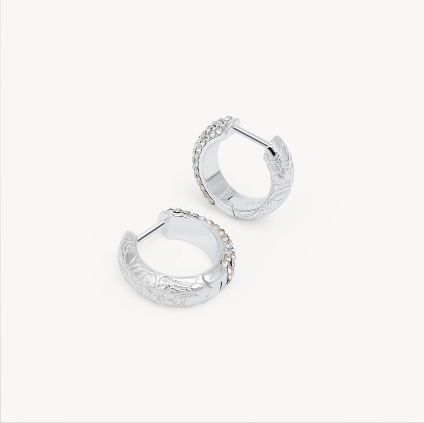 White Etched Floral Sparkle Reversible Hoop Earrings