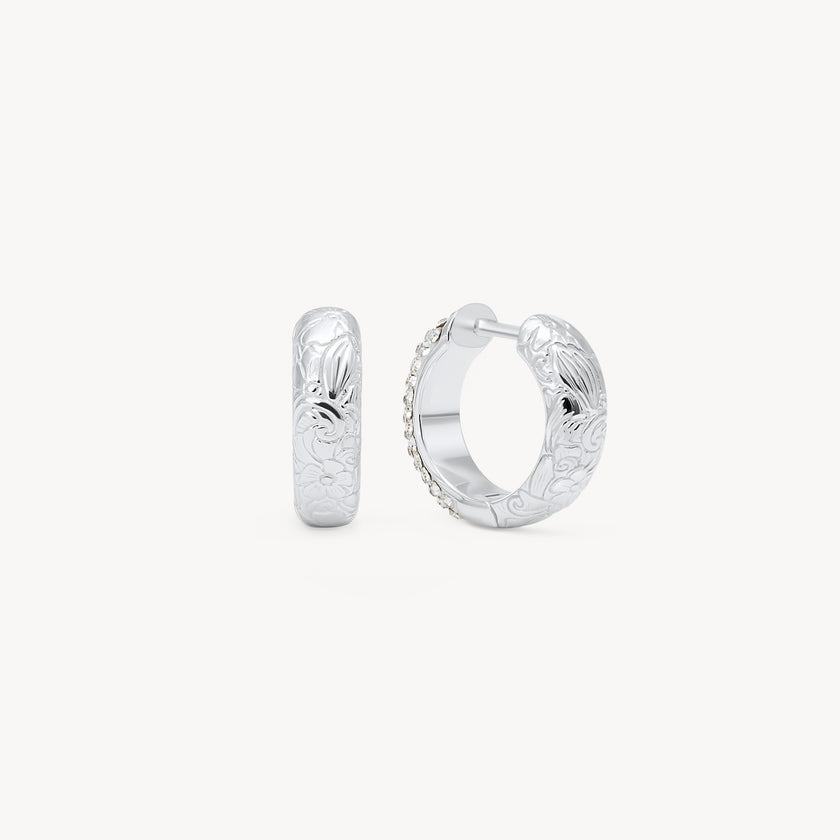 White Etched Floral Sparkle Reversible Hoop Earrings