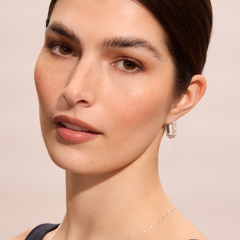Reversible Sparkle Link Hoop Earrings in White on model