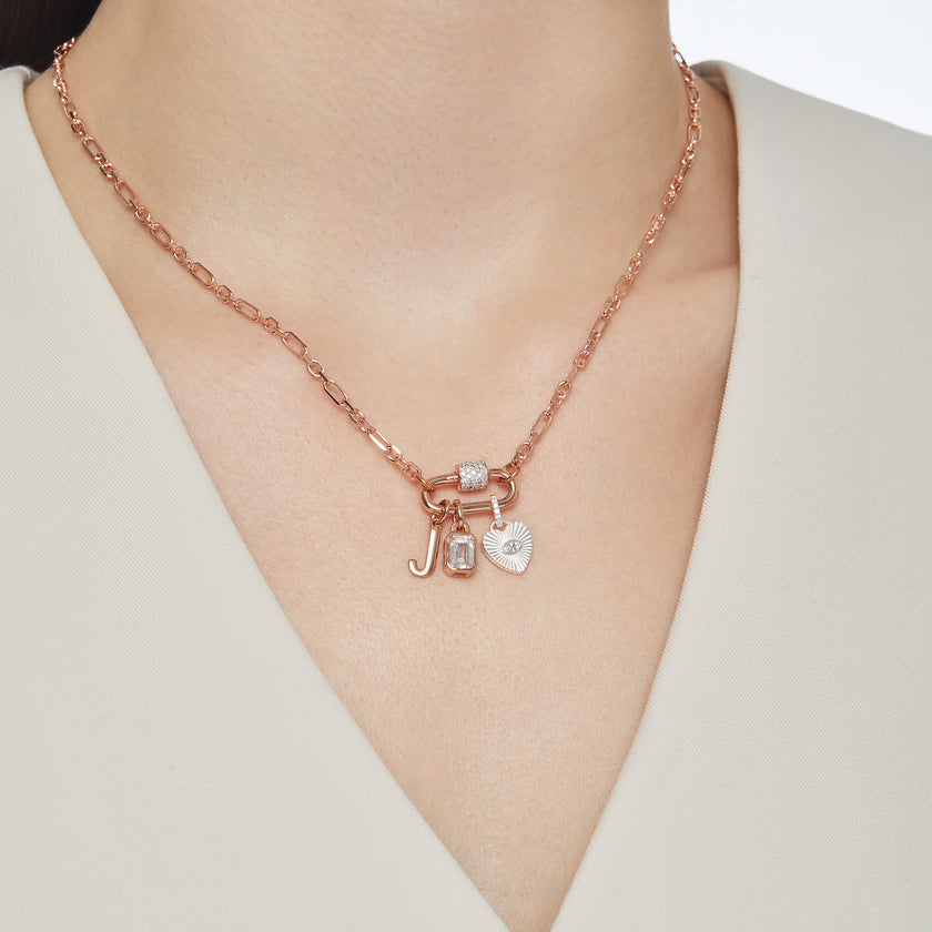 Rose Gold Carabiner Twist Link Charm Holder and Silver Heart Beam Charm on model