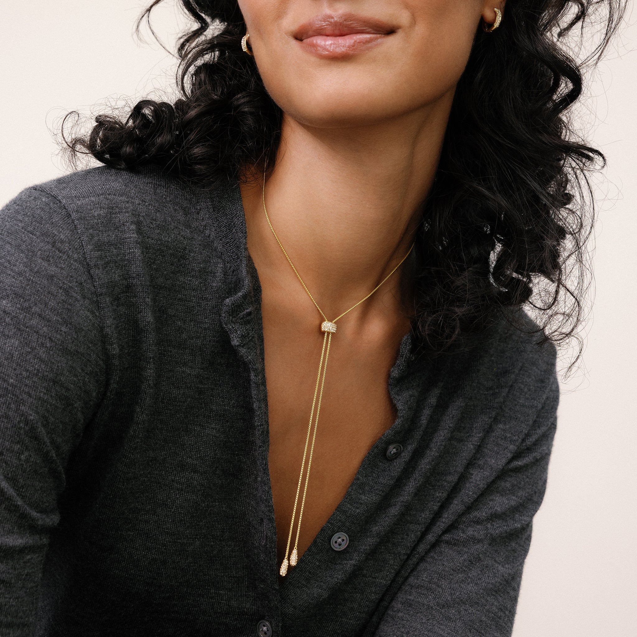 Soft Gold Sparkle Bolo Tie Necklace on model