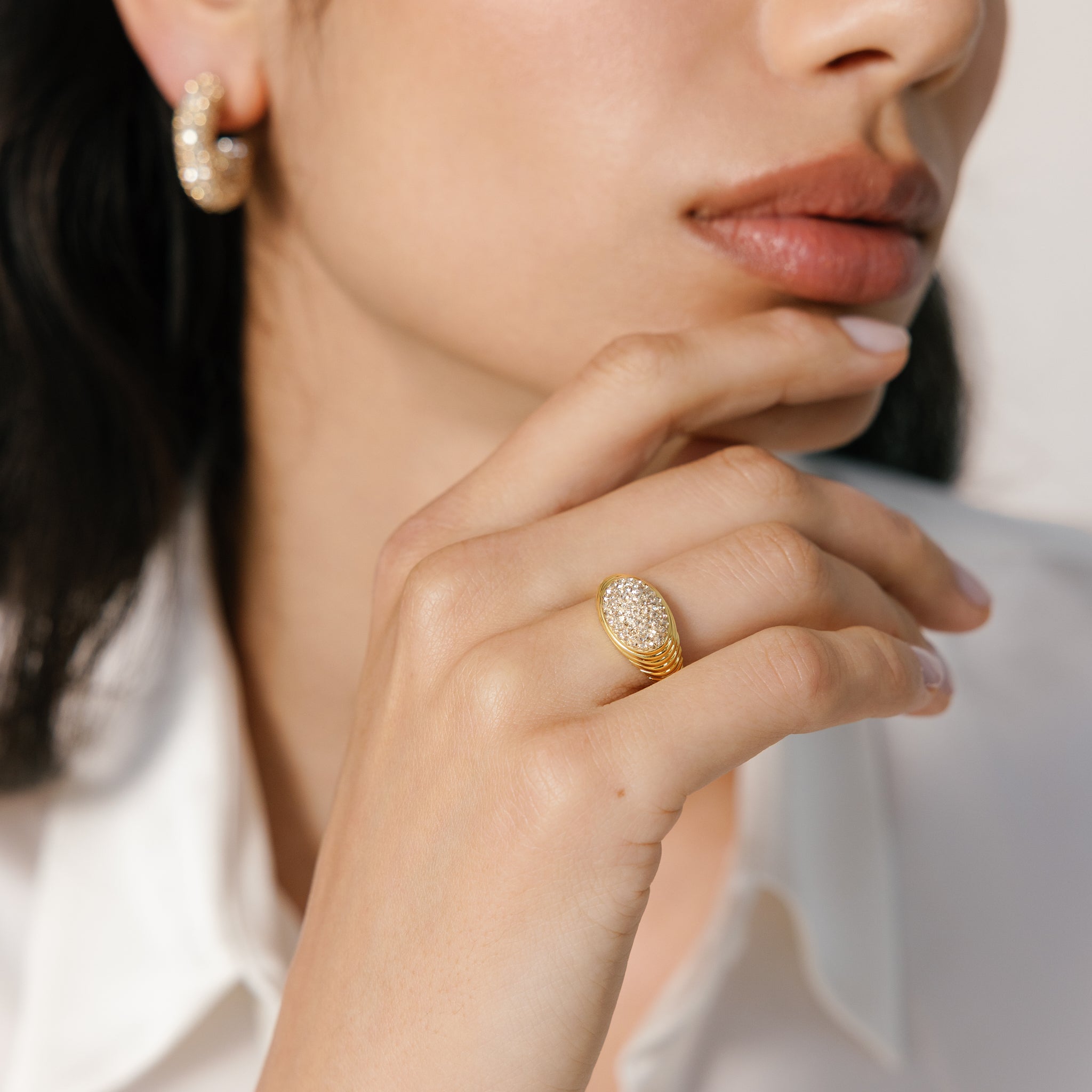 Soft Gold Sparkle Fluted Ring on model