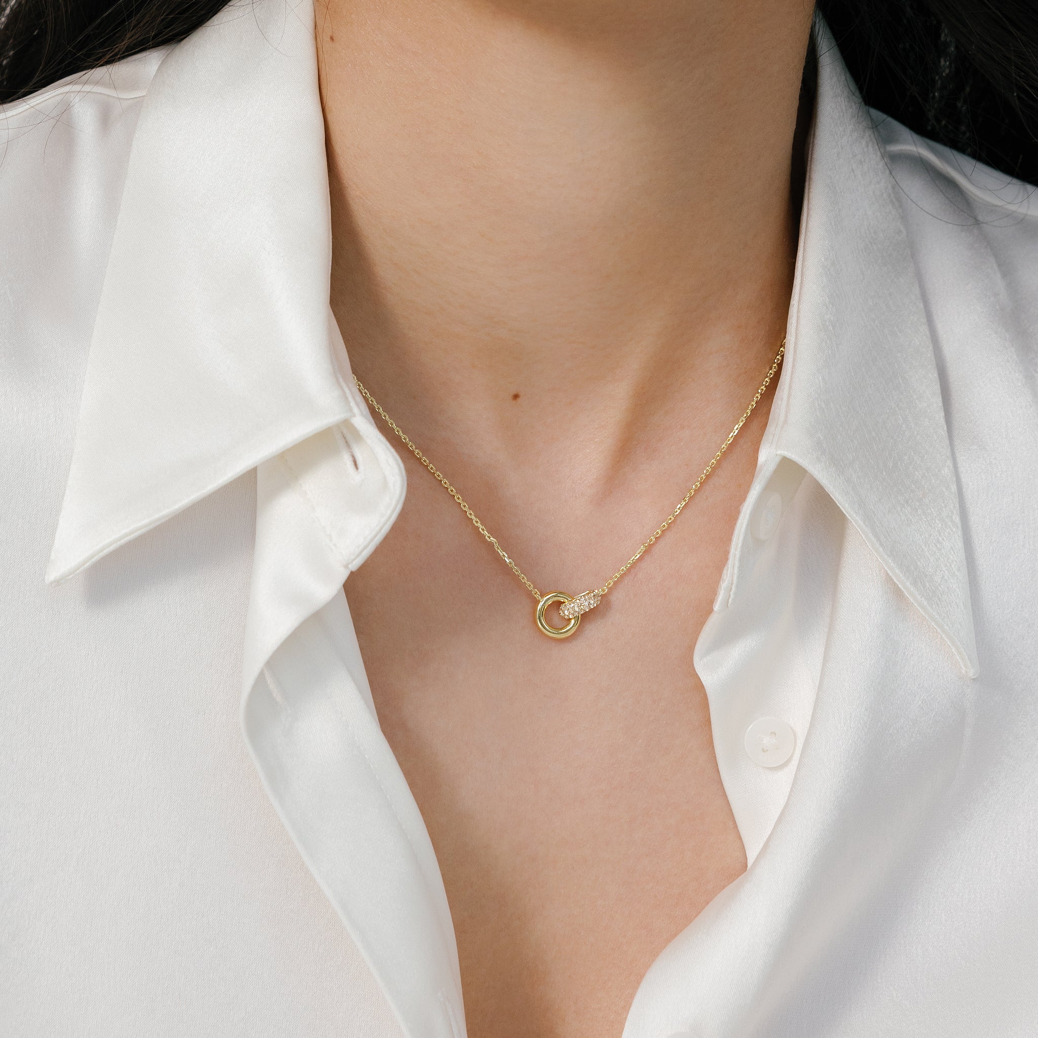 Soft Gold Interlock Sparkle Necklace  on model