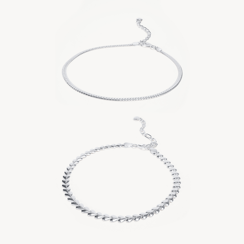 Heart & Herringbone Anklet Set Silver