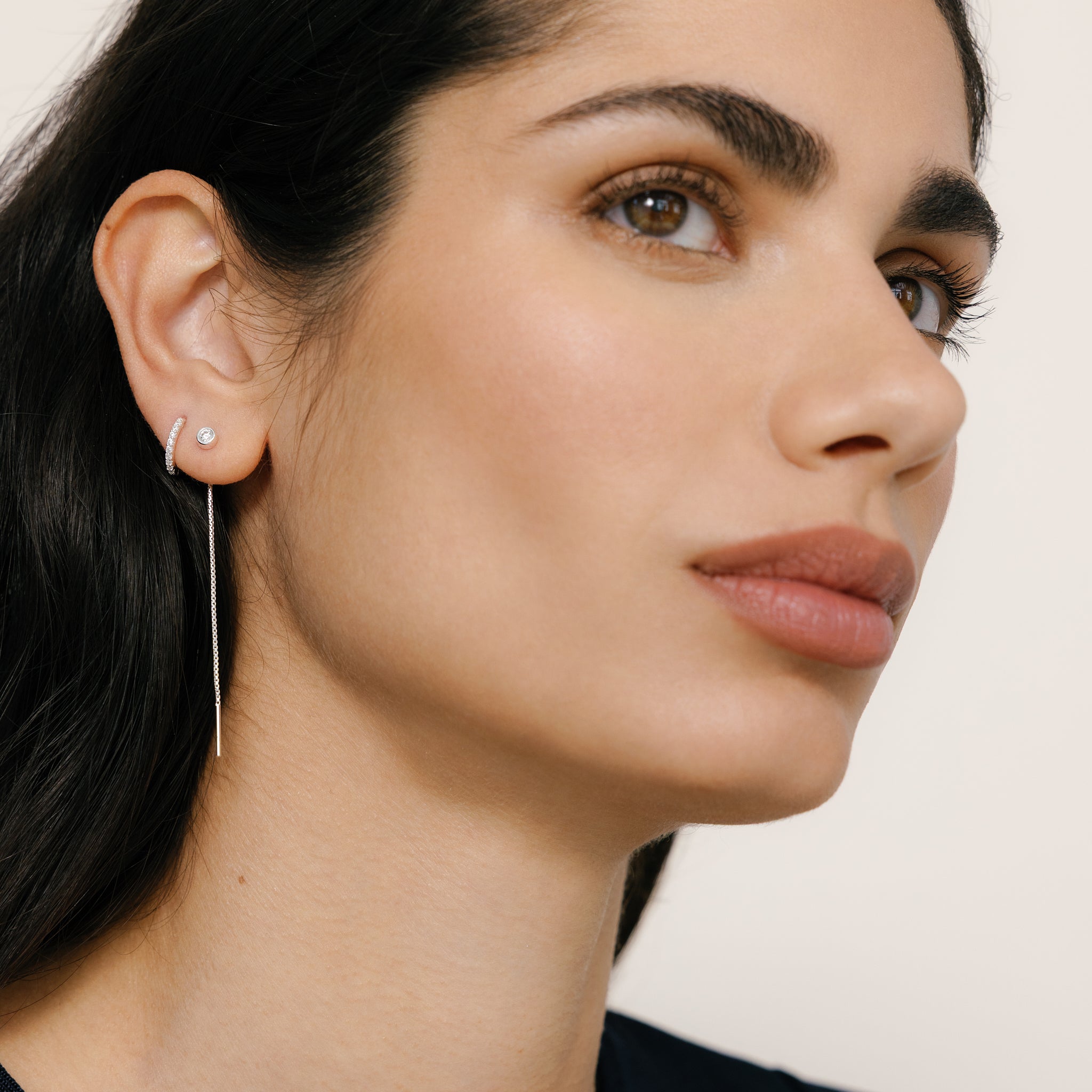 Silver Bezel Threader Earrings on model