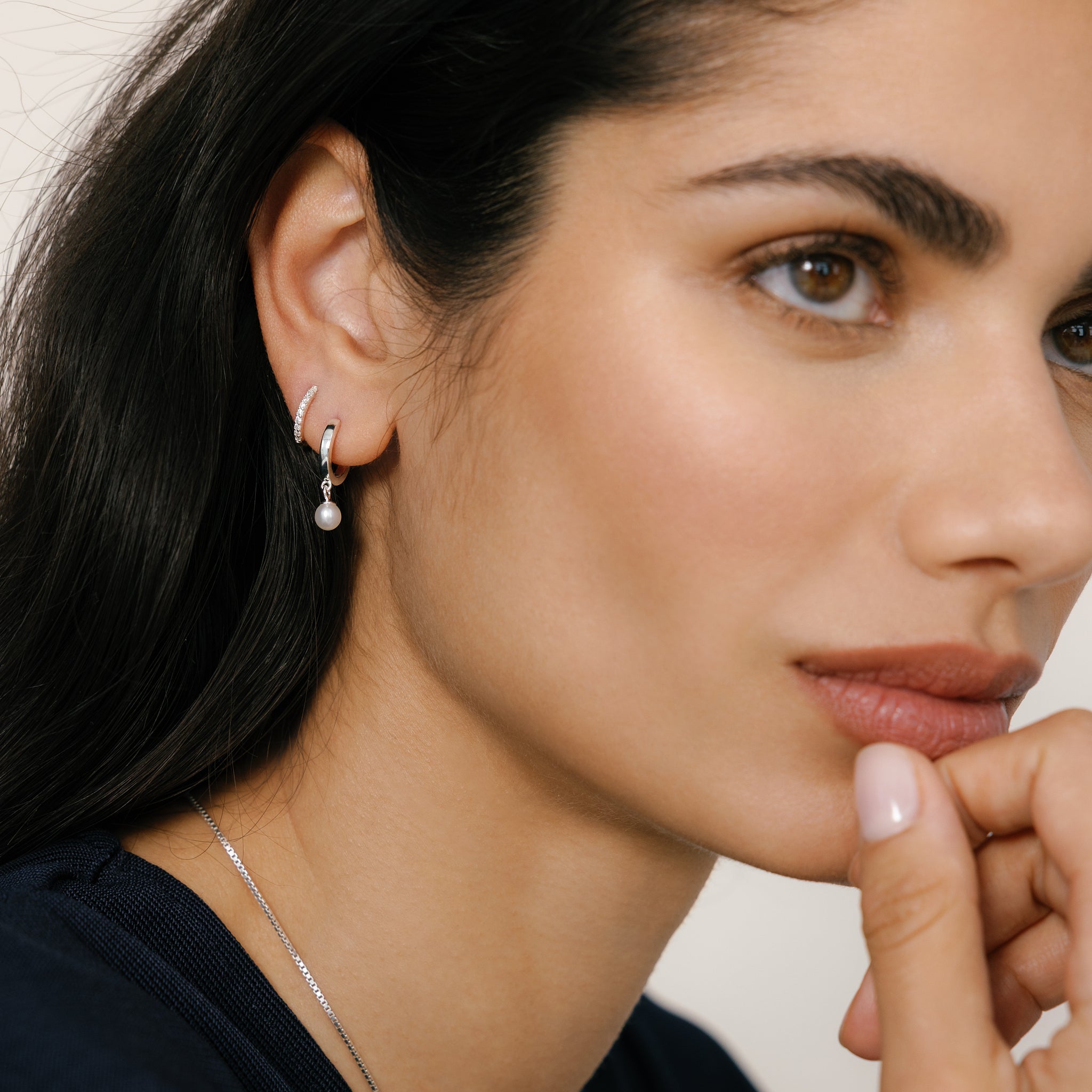 Silver Pearl Drop Hoops on model