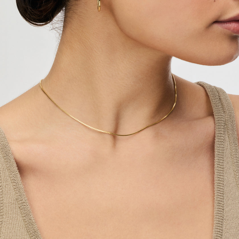 Box Chain Slider Necklace on model in Gold