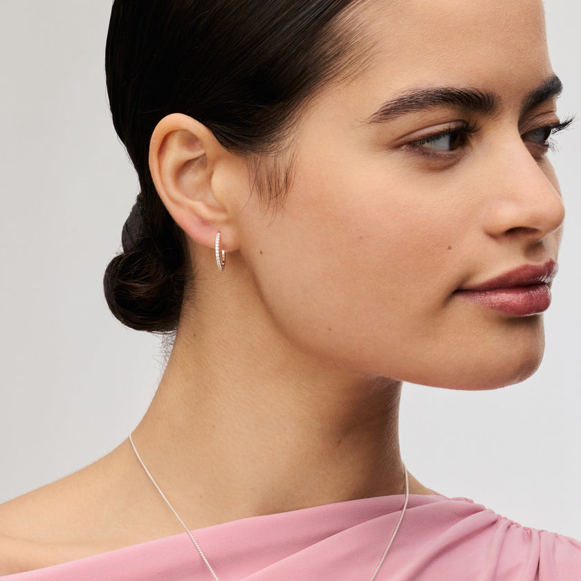Silver Small Pavé Hoop Earrings on model