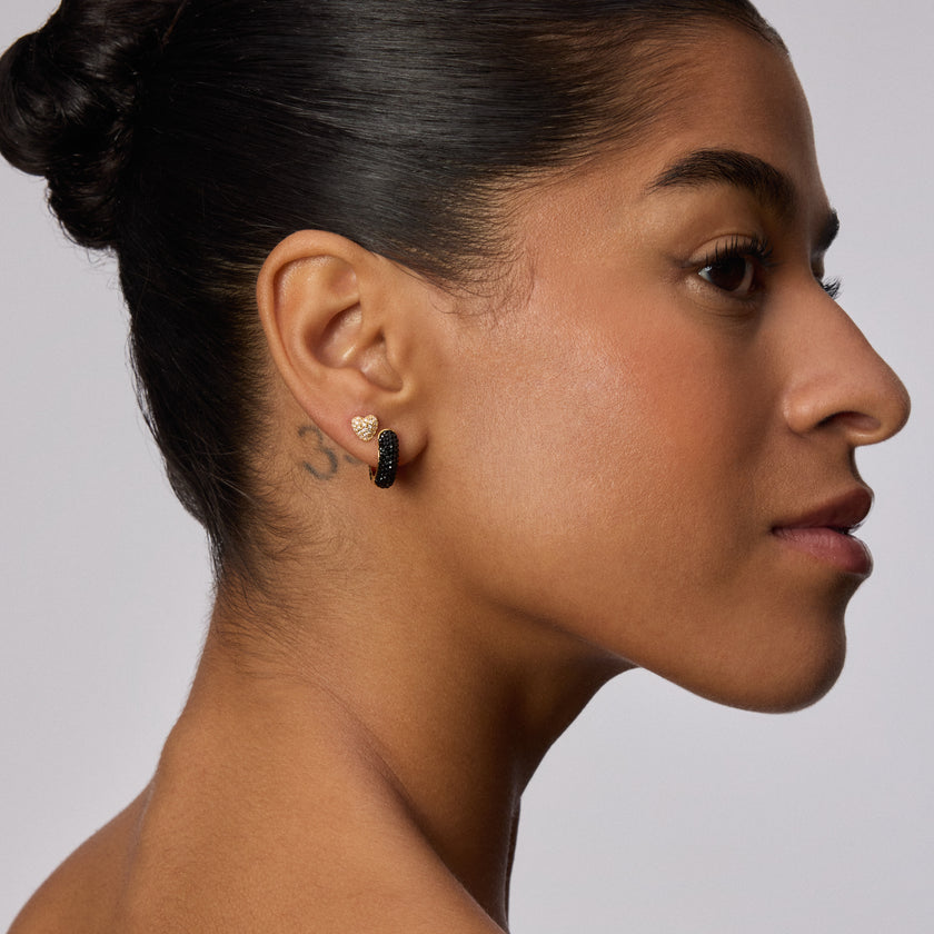 Black Small Sparkle Hoop Earrings on model