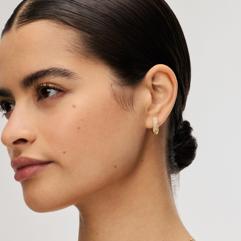 Soft Gold Small Sparkle Hoop Earrings on model