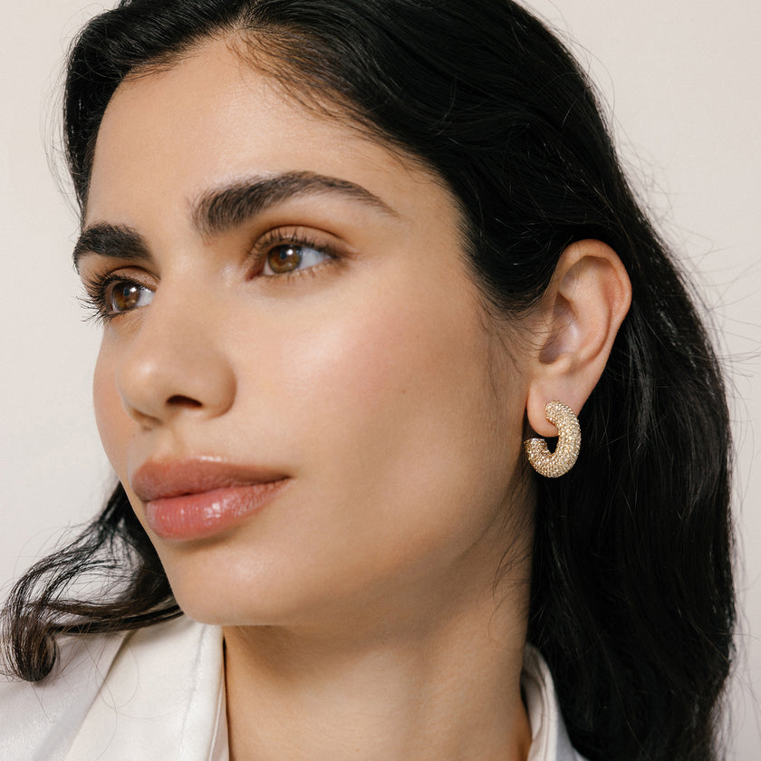 Soft Gold Sparkle Chunky Hoop Earrings on model