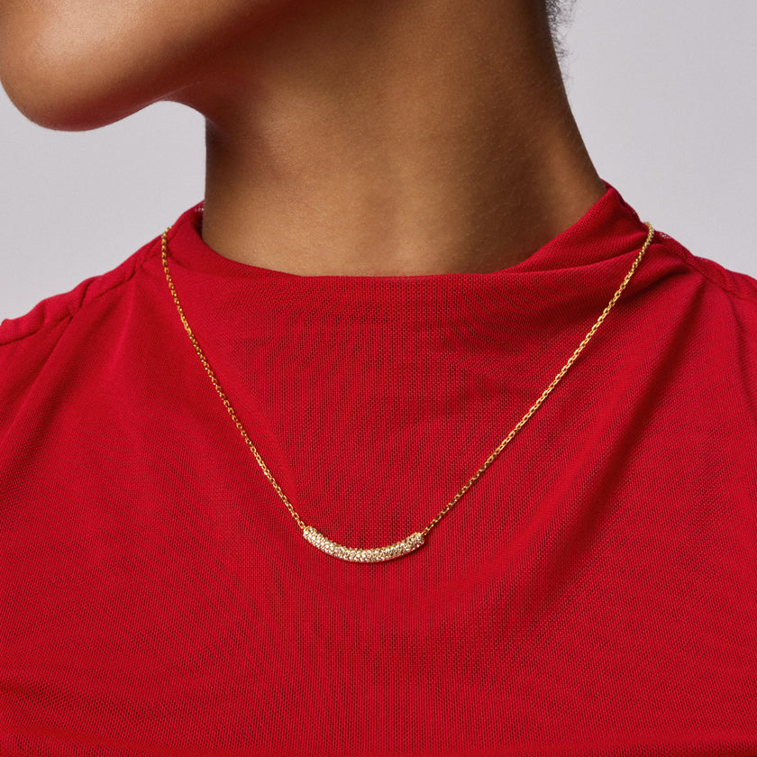 Soft Gold Sparkle Bar Necklace on model