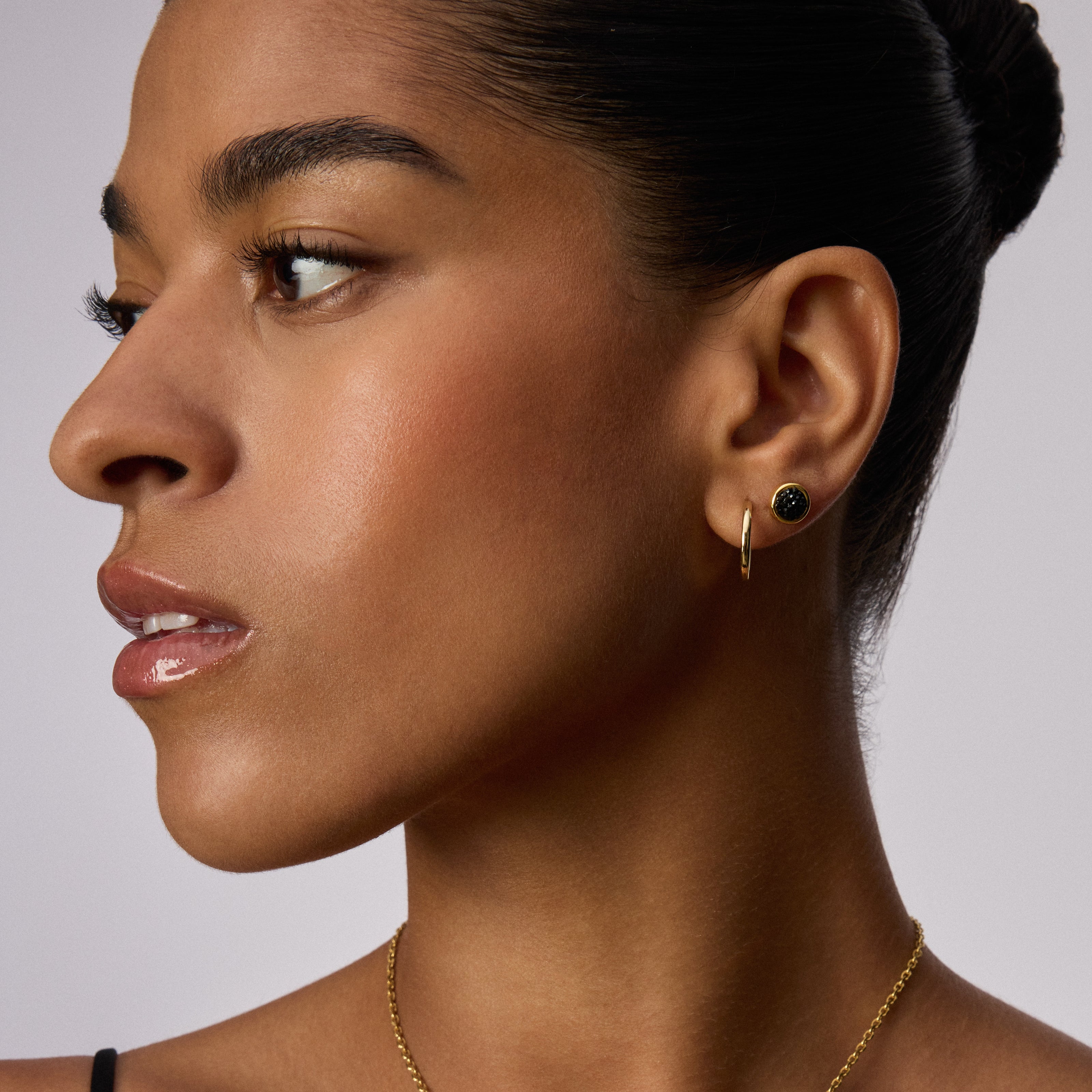 Black Sparkle Bezel Stud Earrings on model