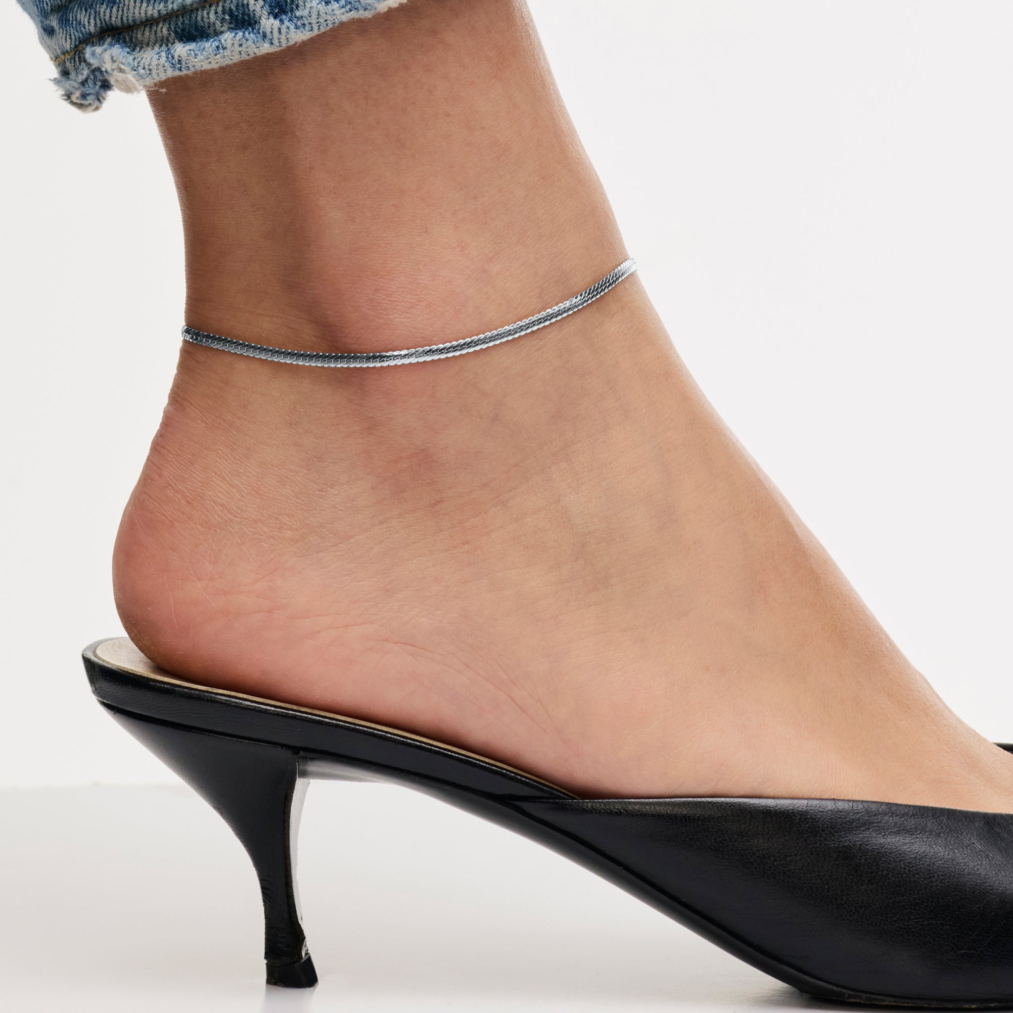 Silver Thin Herringbone Chain Anklet