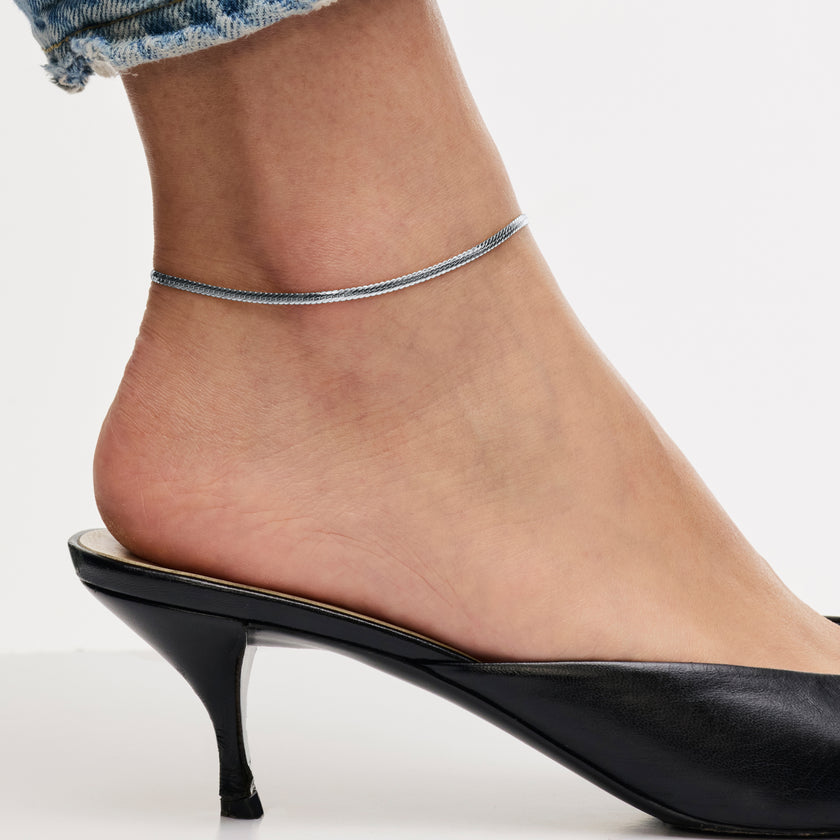 Silver Thin Herringbone Chain Anklet