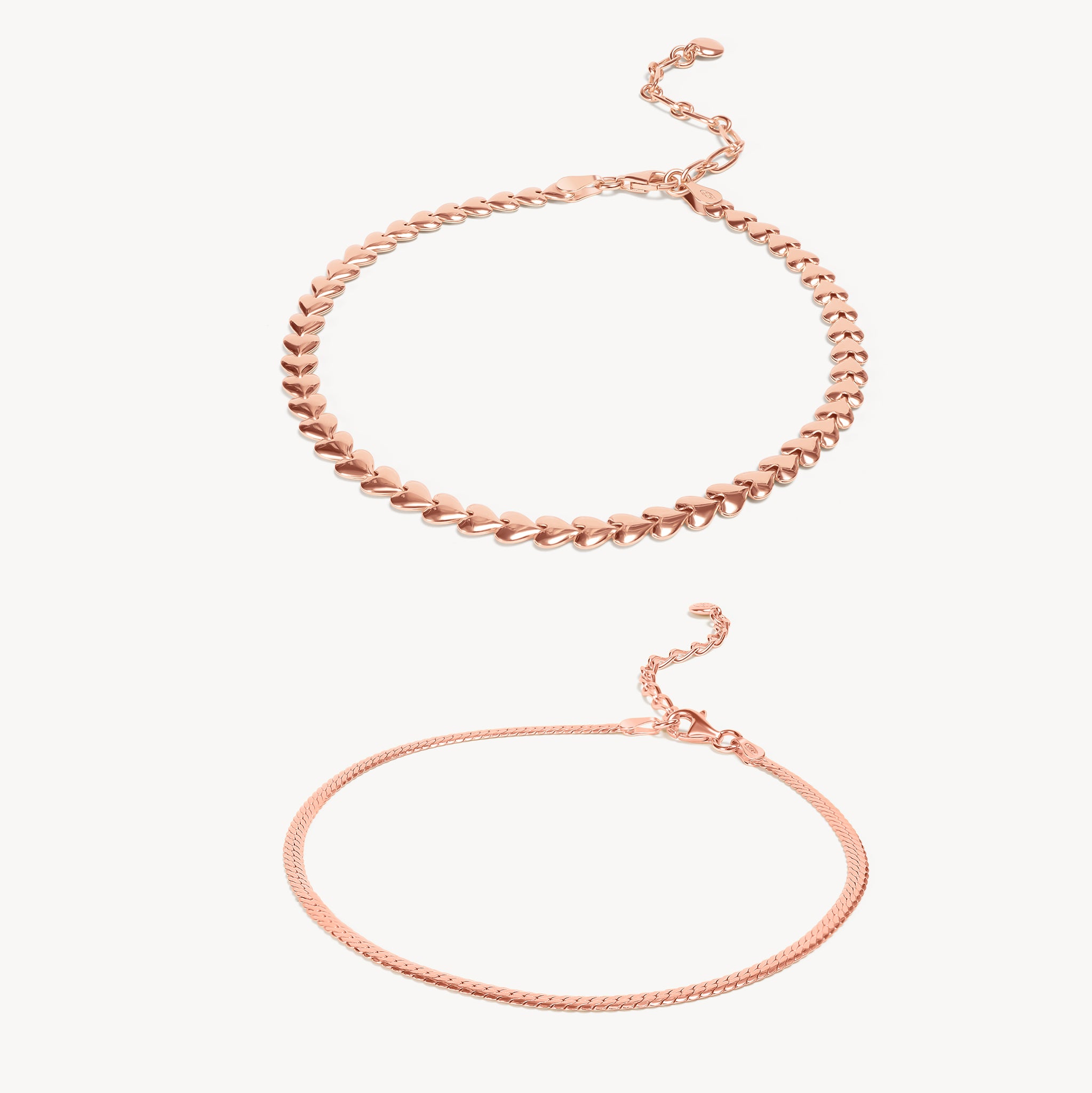 Rose Gold Heart & Herringbone Anklet Set
