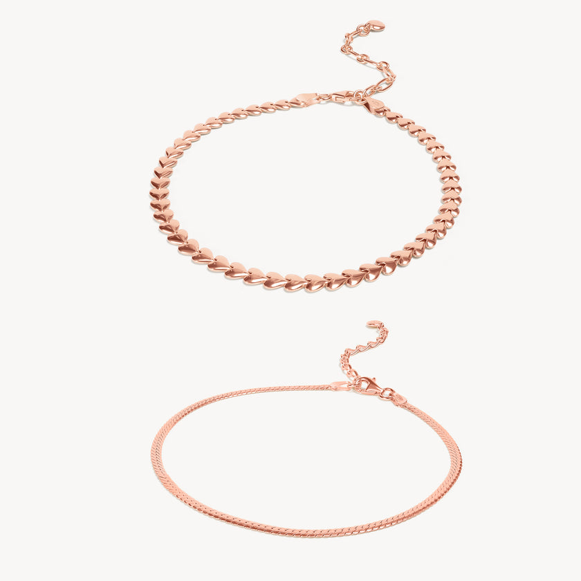 Rose Gold Heart & Herringbone Anklet Set