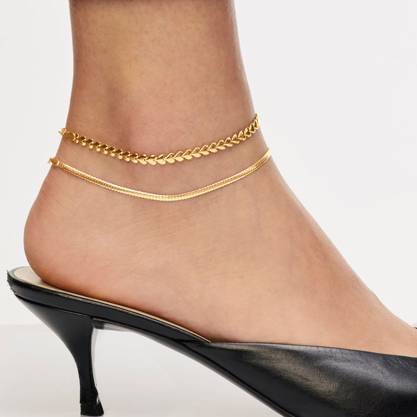 Gold Heart & Herringbone Anklet Set on model