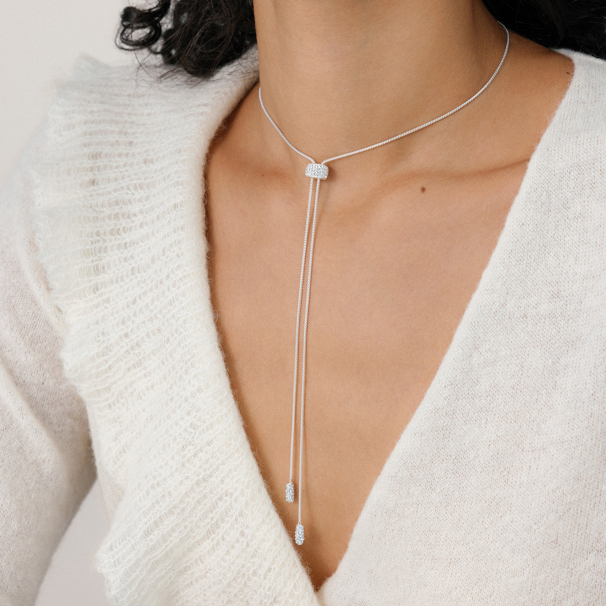 White Sparkle Bolo Tie Necklace on model