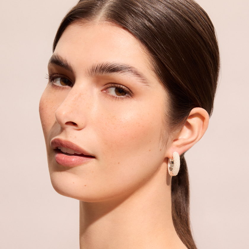 White Pearl Hoop Earrings on model