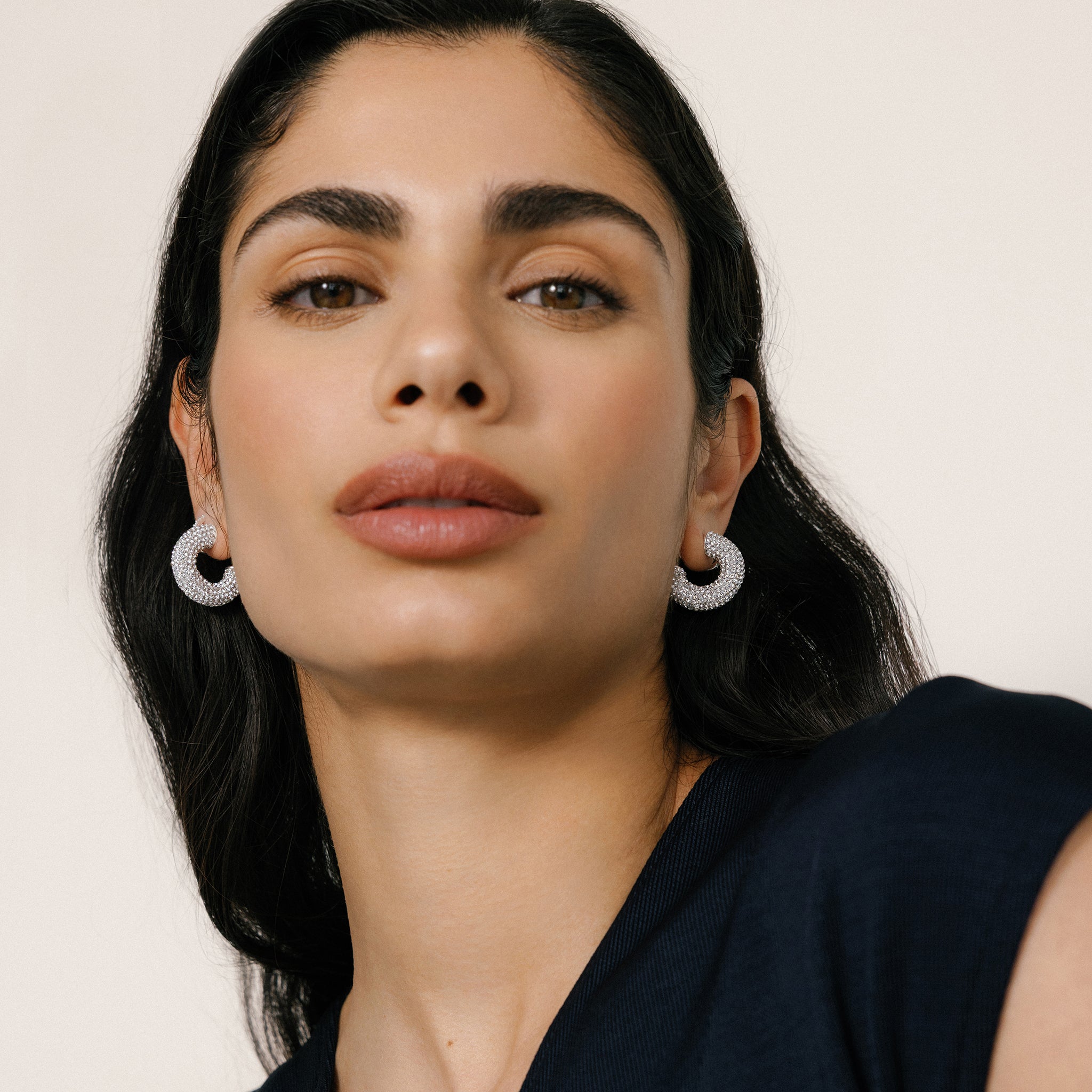 White Sparkle Chunky Hoop Earrings on model