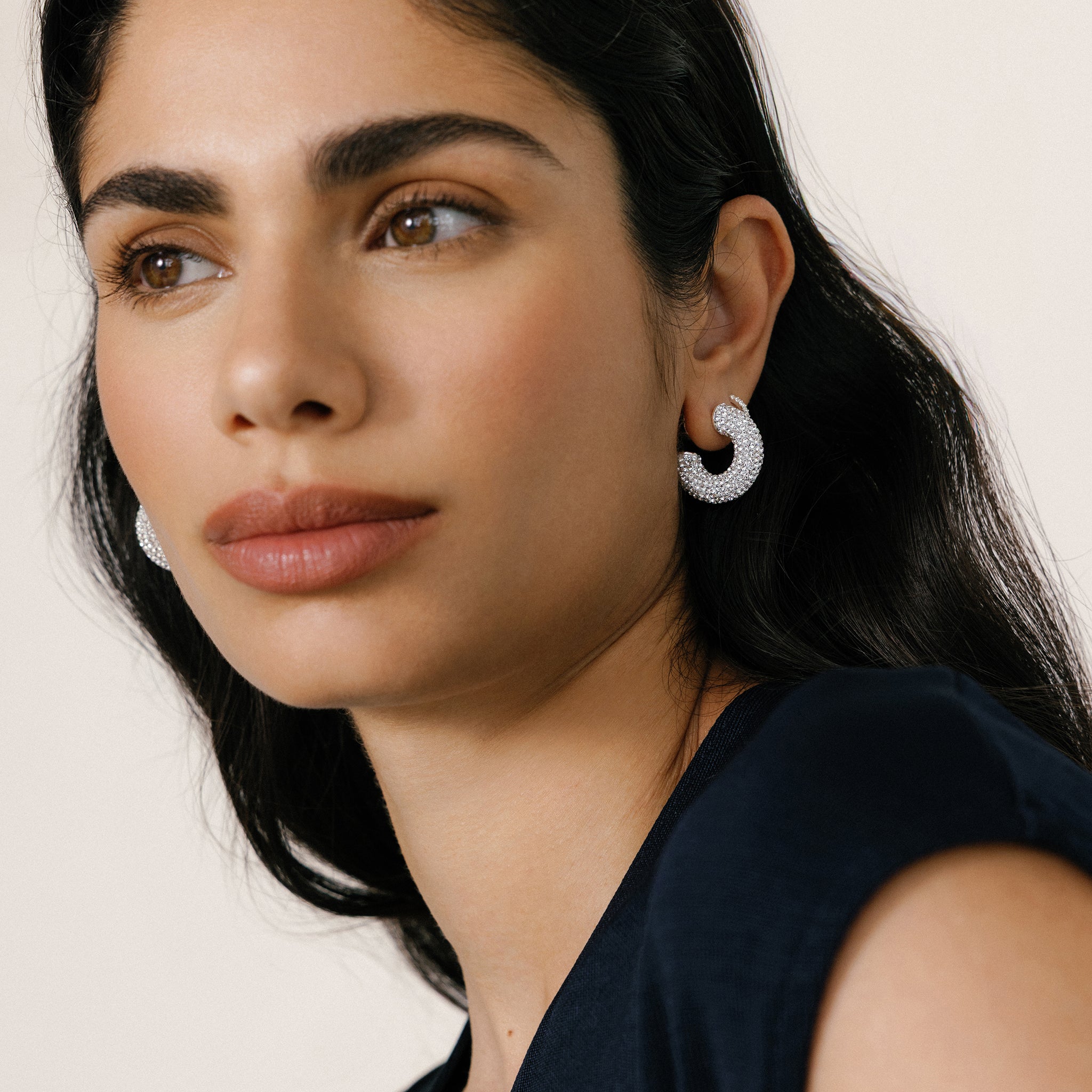 White Sparkle Chunky Hoop Earrings on model