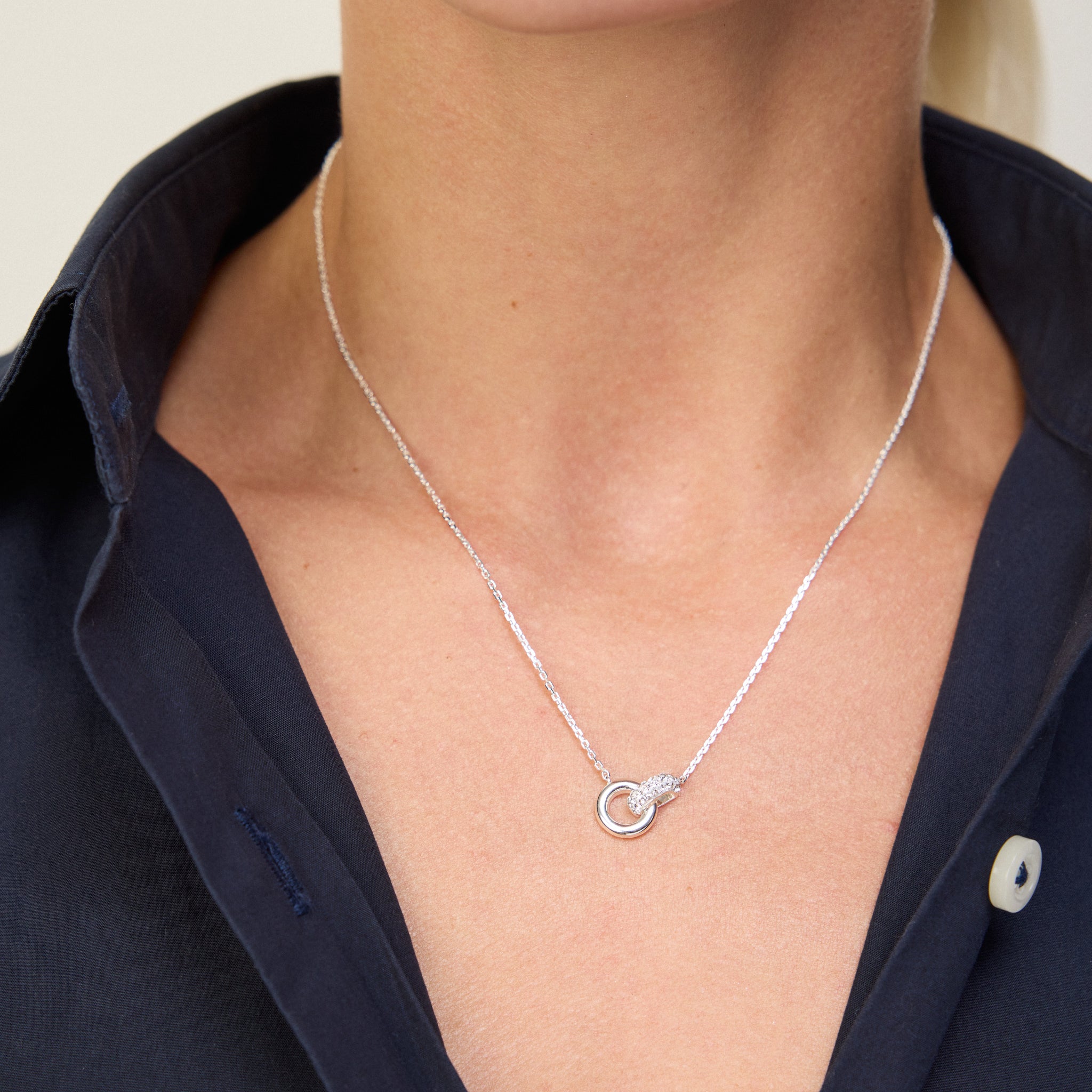 White Interlock Sparkle Necklace on model