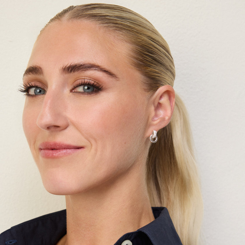 White Interlock Sparkle Earrings on model