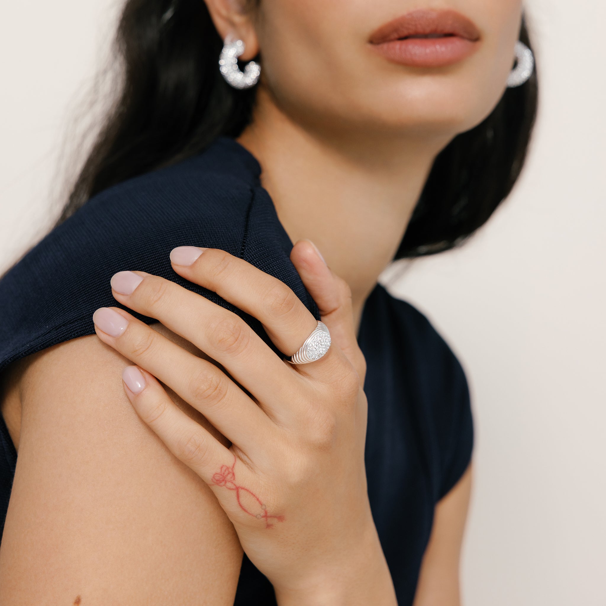 White Sparkle Fluted Ring on model