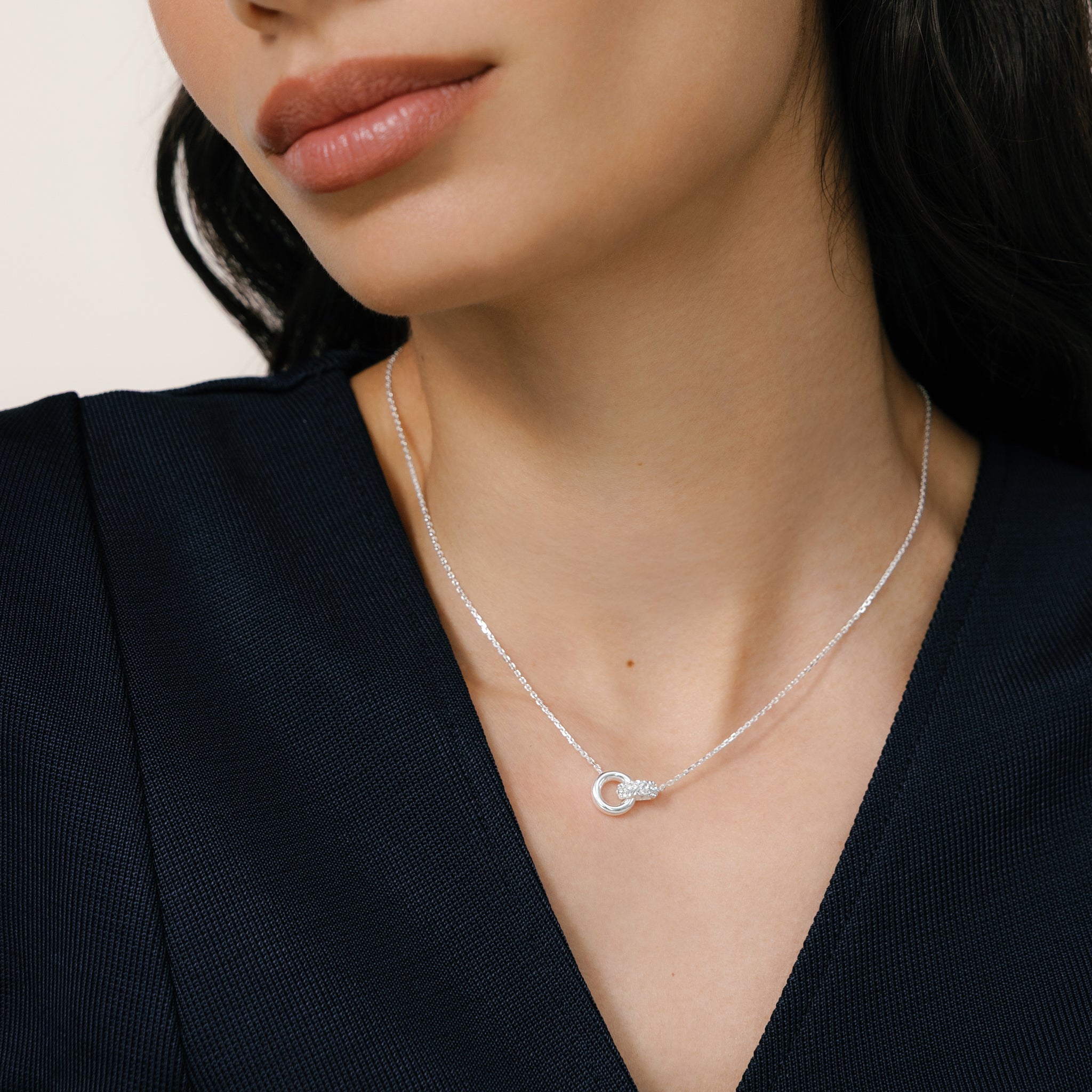 White Interlock Sparkle Necklace on model
