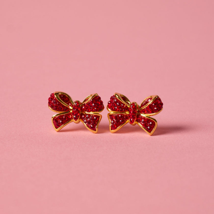 Red Velvet Sparkle Bow Stud Earrings