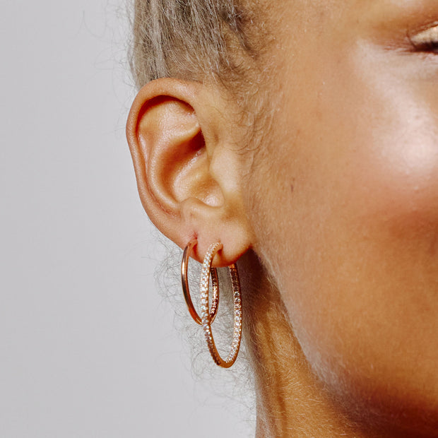 Pavé Hoop Earrings - Large Rose Gold on model