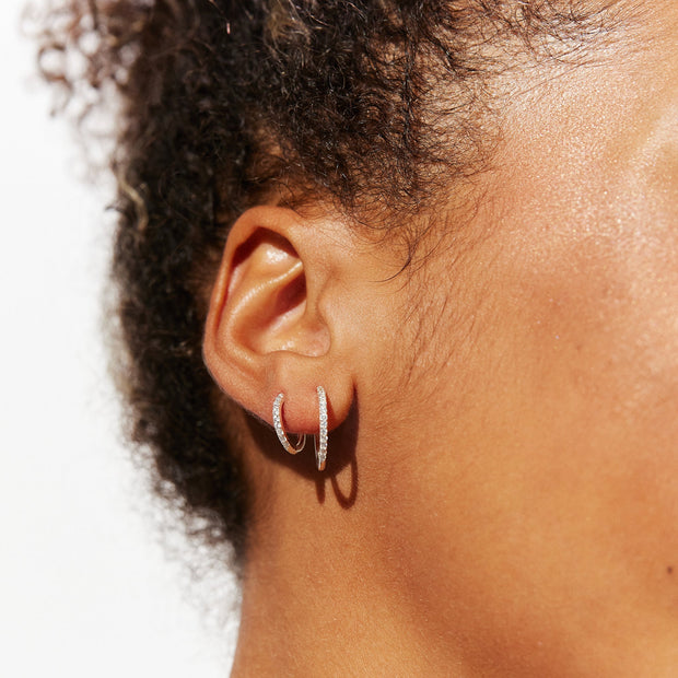 Pavé Hoop Earrings - Mini Silver on model