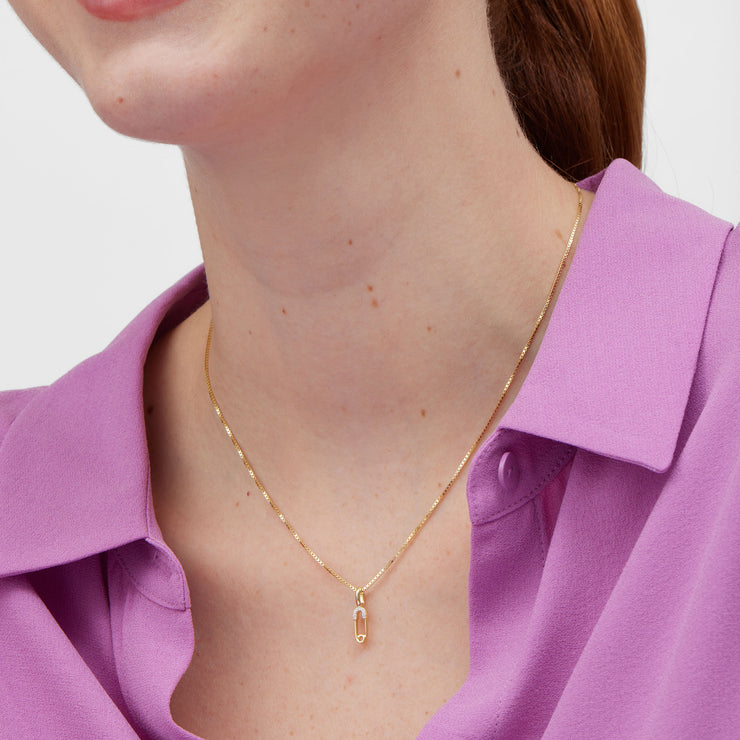 Mini Pavé Safety Pin Charm Gold on model