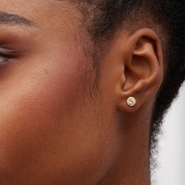 Mini Pavé Yin Yang Stud Earrings Gold on model
